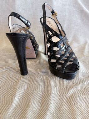 Prada Black Strappy Leather Platform Slingback Heels